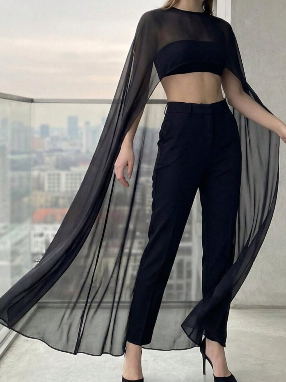 Black Elegant Women's High Low Sheer Cape